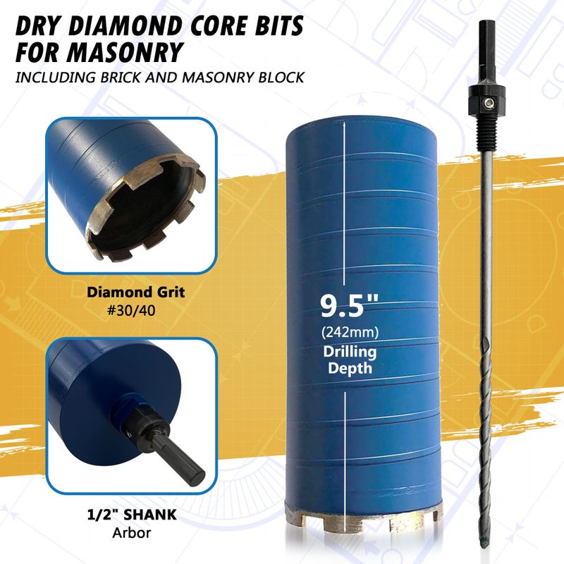 EDiamondTools 4-1/4" Dry Diamond Core Drill Bits for Brick and Block with 1/2" Shank Pilot Bit Adapter, 9.5" Drilling Depth, 5/8"-11 Arbor - Image 2